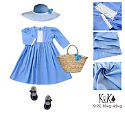 Váy đầm bé gái xanh dài tay ren phối vintage KIKA - Từ 11kg-45kg - K142