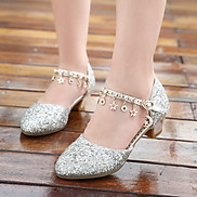 Giày cao gót cho bé gái 4 - 12 tuổi thời trang màu bạc kim sa lấp lánh mặc