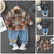 Đồ Bộ cho bé trai. Quần jean + áo sơ mi sọc đen nâu BS9 Size80-120 Thời trang trẻ Em hàng quảng châu thumbnail