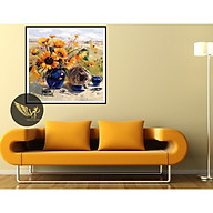 Tranh treo tường tĩnh vật, mèo bên lọ hoa sang trọng, phong cách sơn dầu,in canvas , kèm khung siêu nhẹ PVP-DC1V-05 thumbnail
