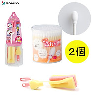 Combo hộp 110 chiếc tăm bông Sanyo kháng khuẩn an toàn cho bé + dụng cụ cọ rửa bình sữa - nội địa Nhật Bản thumbnail