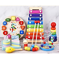 Combo 7 món đồ chơi cho bé phát triển trí tuệ (Đàn gỗ, tháp gỗ, luồn hạt, sâu gỗ, đồng hồ gỗ, thả hình 4 trụ, lục lạc tròn ) thumbnail