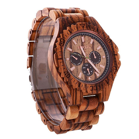 Luxury men s zebra natural wooden quartz wrist watch with date day wood band 6