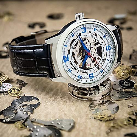 Father s day gift - akribos automatic skeleton mechanical men s watch - 4 genuine diamonds hour markers on crocodile pattern leather strap see through dial - ak499 6