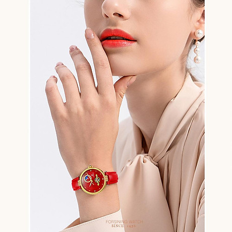 Đồng hồ đeo tay nữ forsining thiết kế dây da thời trang, chuyển động cơ học, khả năng chống nước cao 3atm 4