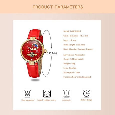 Đồng hồ đeo tay nữ forsining thiết kế dây da thời trang, chuyển động cơ học, khả năng chống nước cao 3atm 8