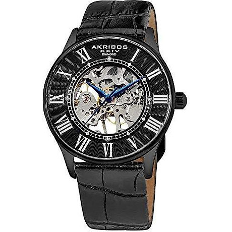 Father s day gift - akribos automatic skeleton mechanical men s watch - 4 genuine diamonds hour markers on crocodile pattern leather strap see through dial - ak499 8
