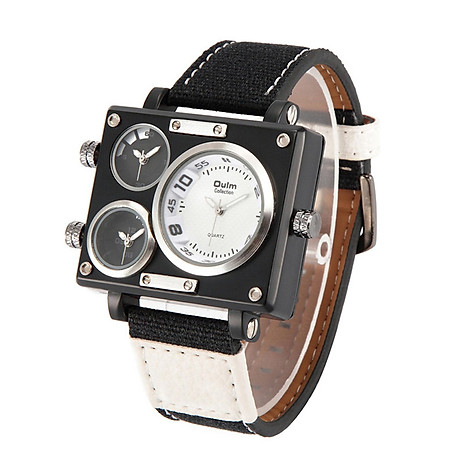 Oulm men business watch luxury canvas band quartz watch three time zone sport wristwatch 1