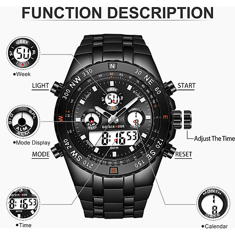 Golden hour huge face military sports mens watches waterproof, stopwatch, date and date, alarm, luminous digital analog stainless steel wrist watch with rubber band 7