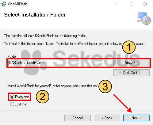 cara install/memasang xiaomi flash tool installer: pilih folder, pilih everyone, klik next