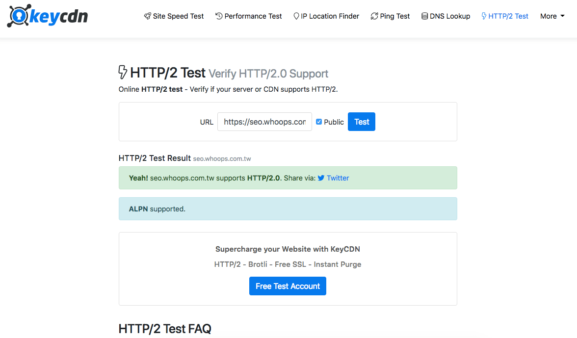 KeyCDN HTTP/2 檢測結果
