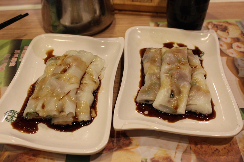 Vermicelli rolls, one with pig liver, one with beef.