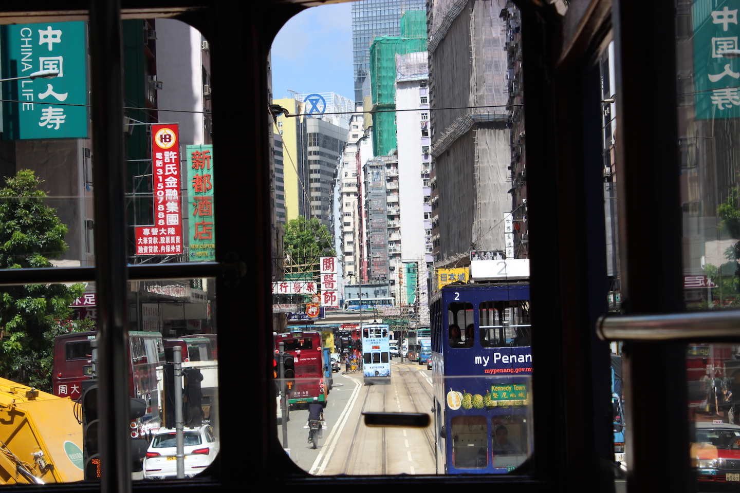 View from inside a Hong Kong Tram. It's possible to have a good view of the various neighbourhoods in Hong Kong island while riding the tram!