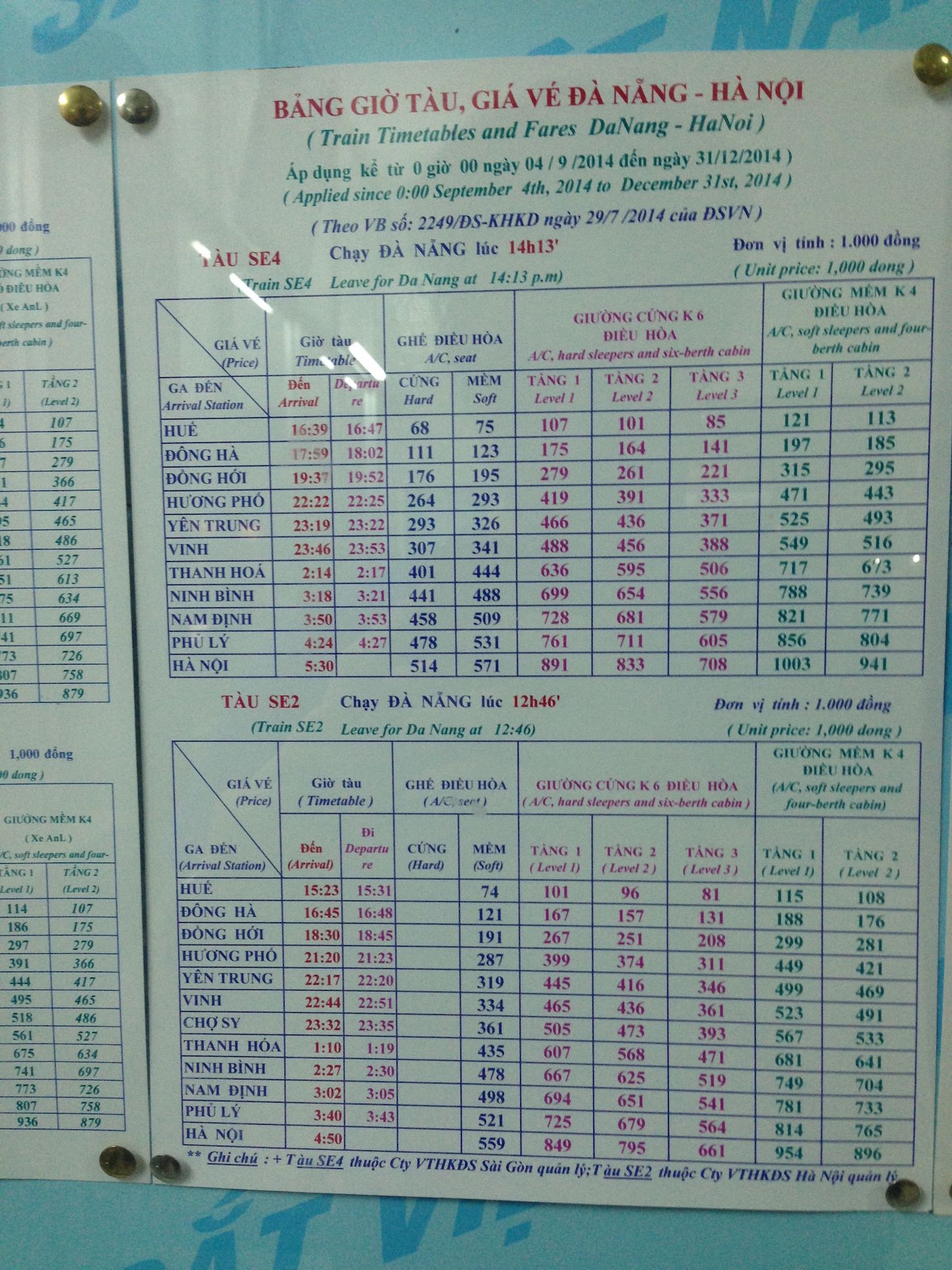 Train ticket price table at train station