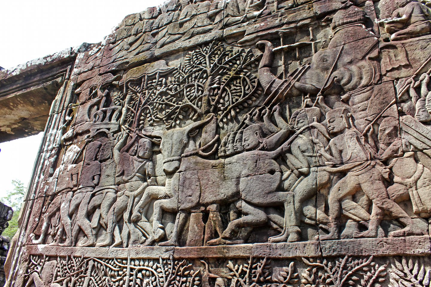 Bas relief depicting a bull tied to a tree waiting to be slaughtered