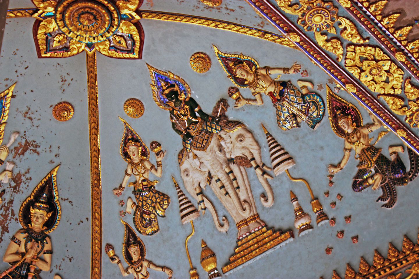Carvings on the ceiling of Patuxay, Vientiane, Laos