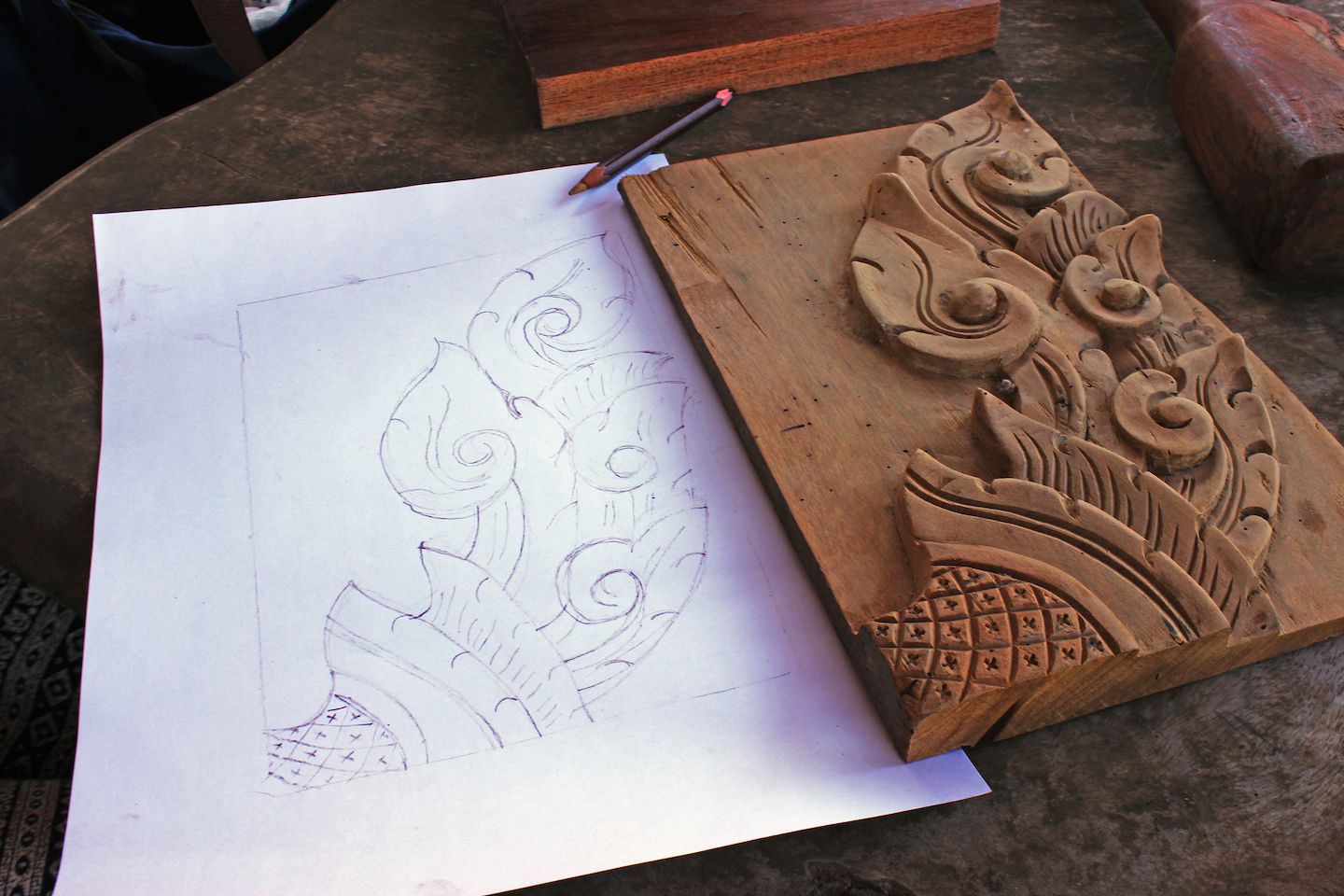 Drawing before carving, Vientiane, Laos