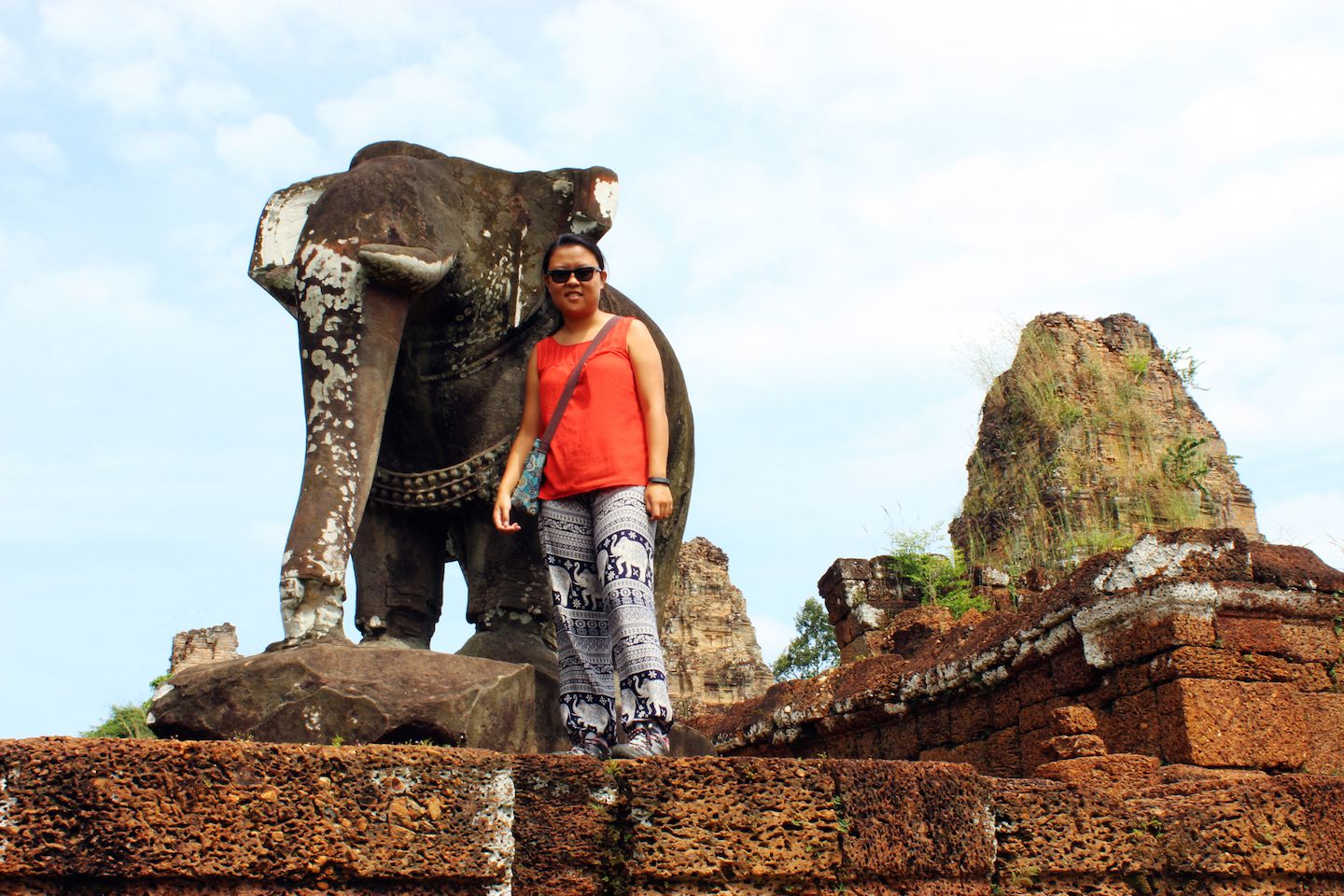 Julie and the elephant statue at the East Mebon