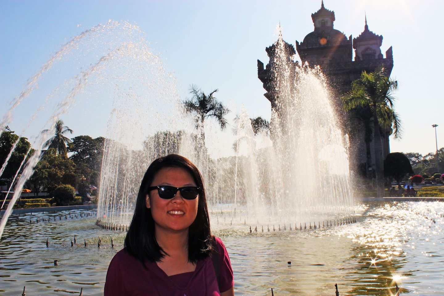 Julie at the fountain of Patuxay, Vientiane, Laos