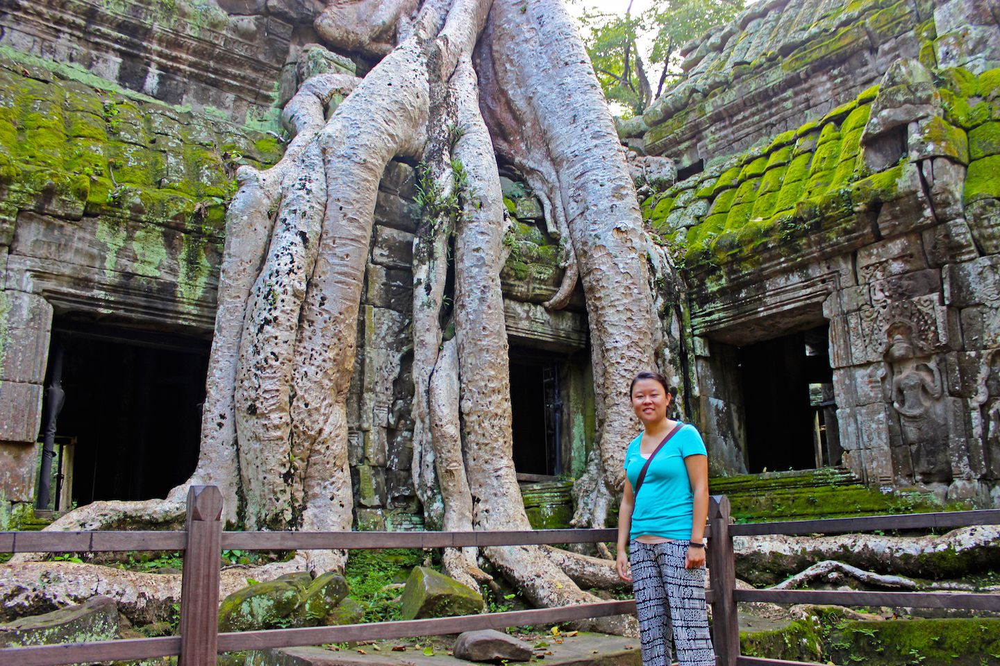 Julie next to the tree at Ta Prohm