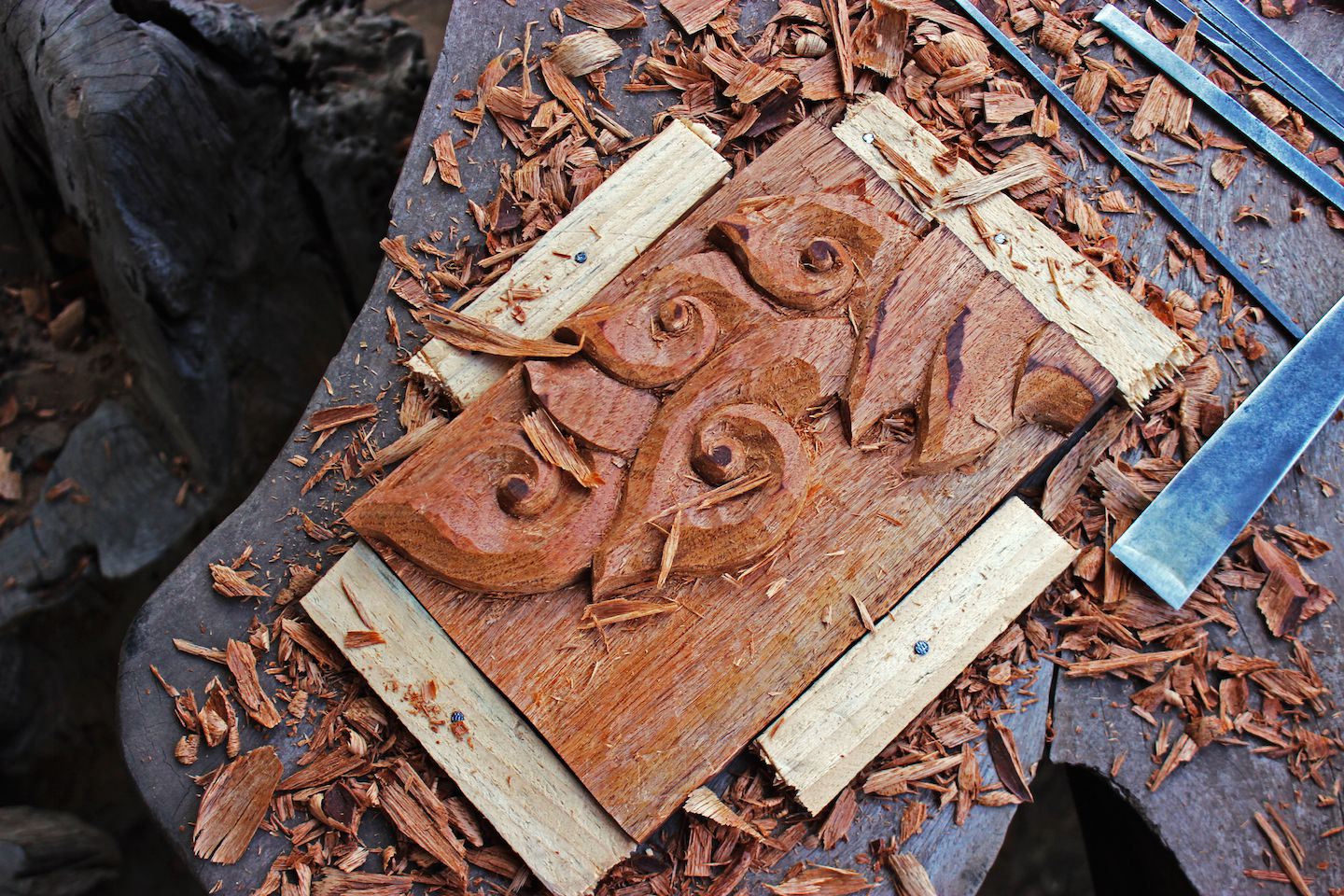 Julie's wood carving with the Backstreet Academy, Vientiane, Laos