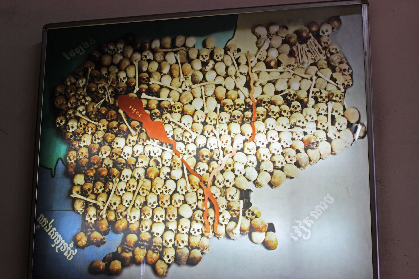 Map of Cambodia covered with skulls at S-21
