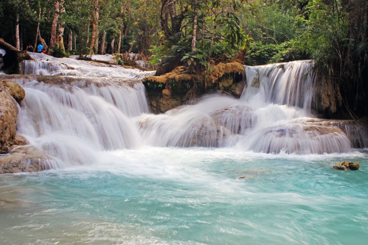 Multi-tiered waterfall at the Kuang Si Waterfall, Luang Prabang, Laos