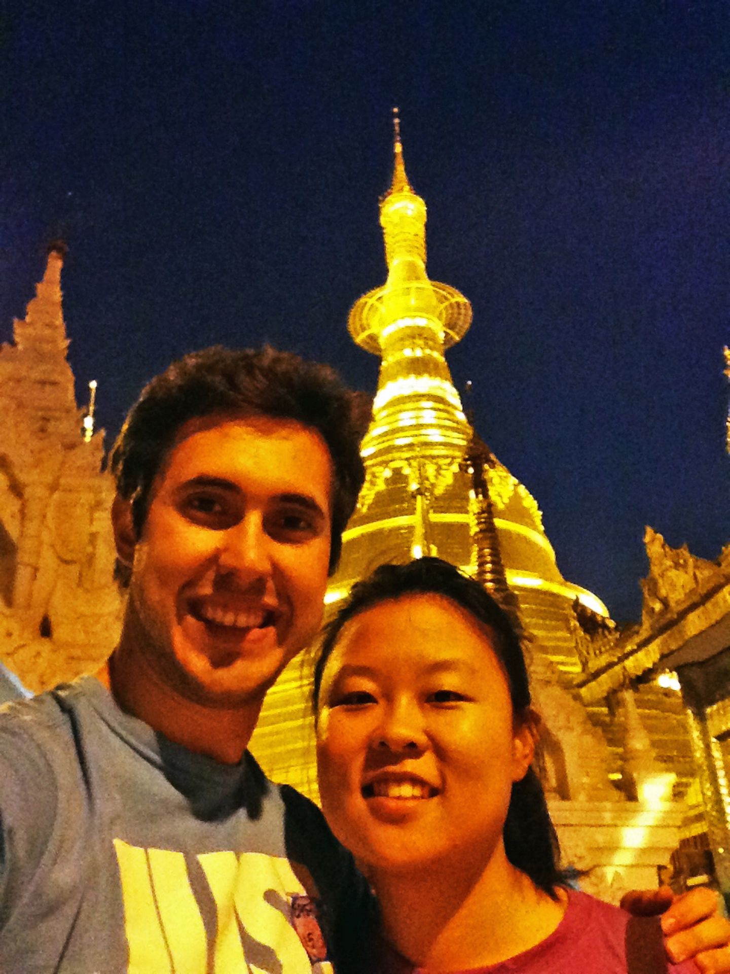 Julie and Carlos at Schwedagon Pagoda, Myanmar