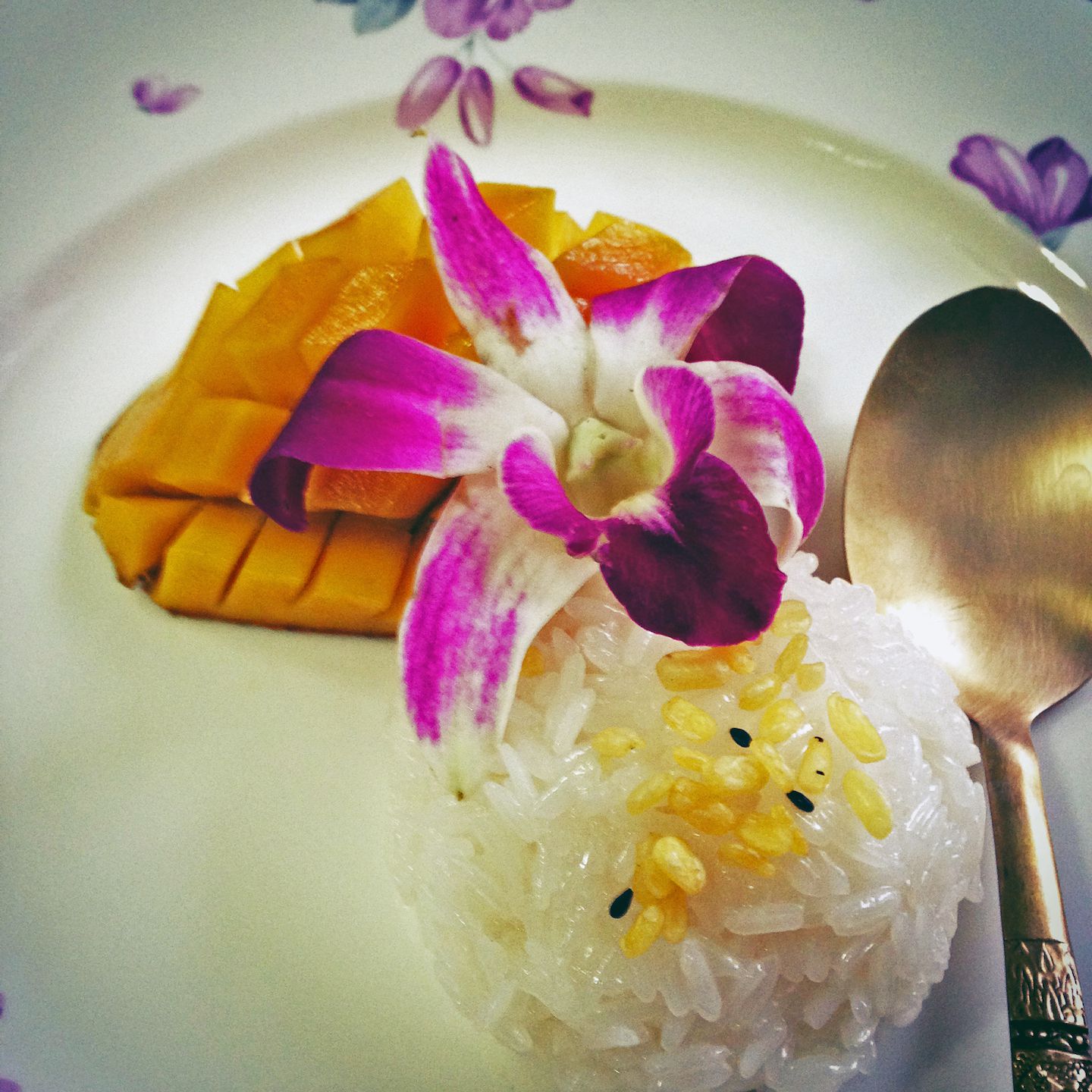 Mango sticky rice for dessert , Silom Cooking School, Bangkok, Thailand