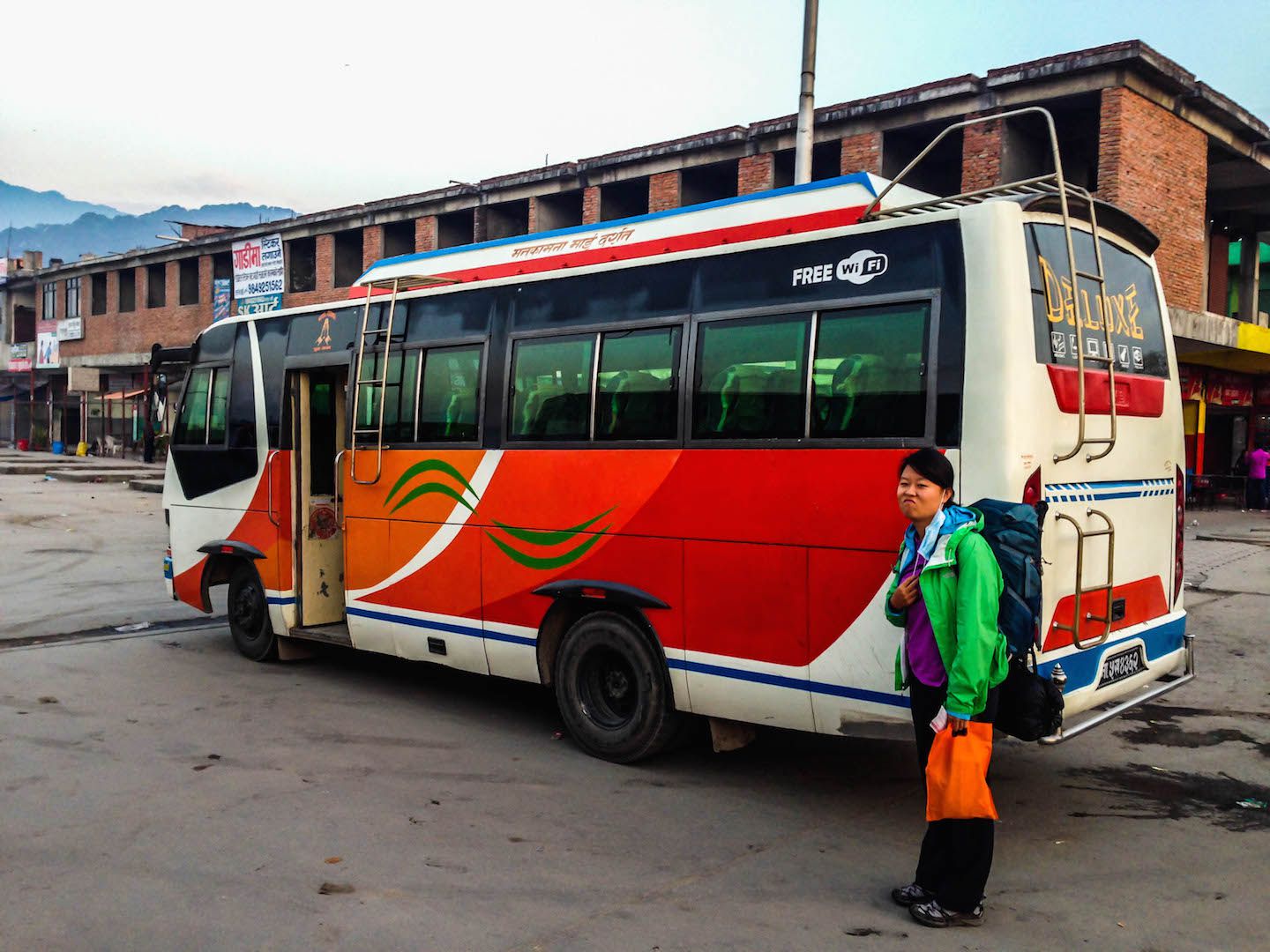 Julie in front of the local bus, Kathmandu, Nepal