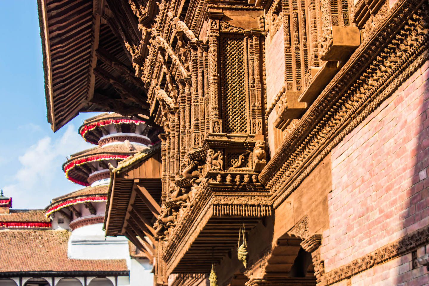 Wooden windows at the temples of Basantapur Durbar Square, Kathmandu, Nepal