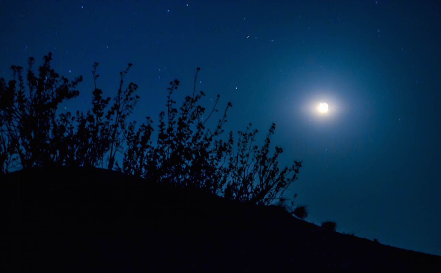 New moon rising in the sky of the Thar Desert, Jaisalmer, India