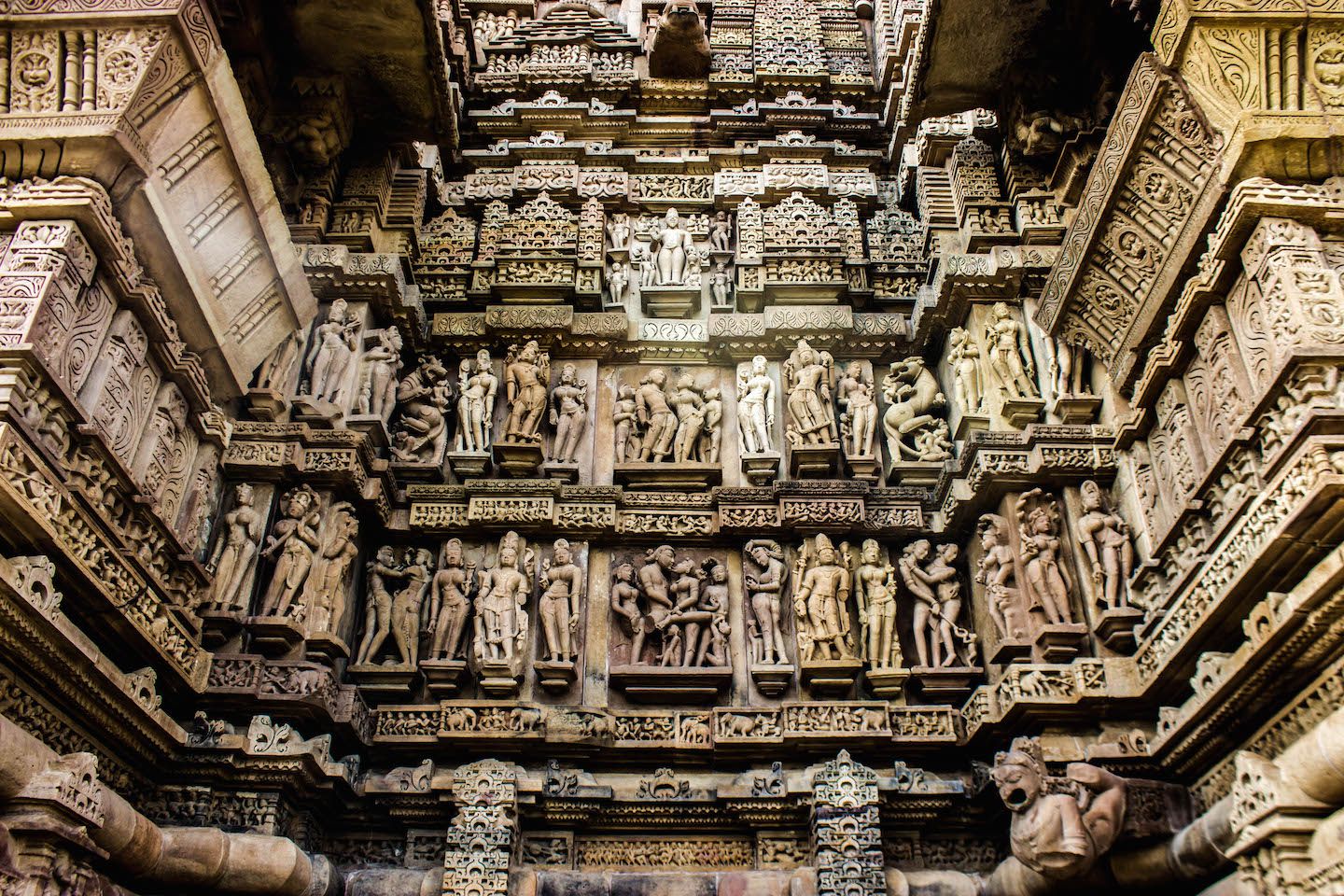 Wall of erotic sculptures at the Lakshmana temple, Khajuraho, India