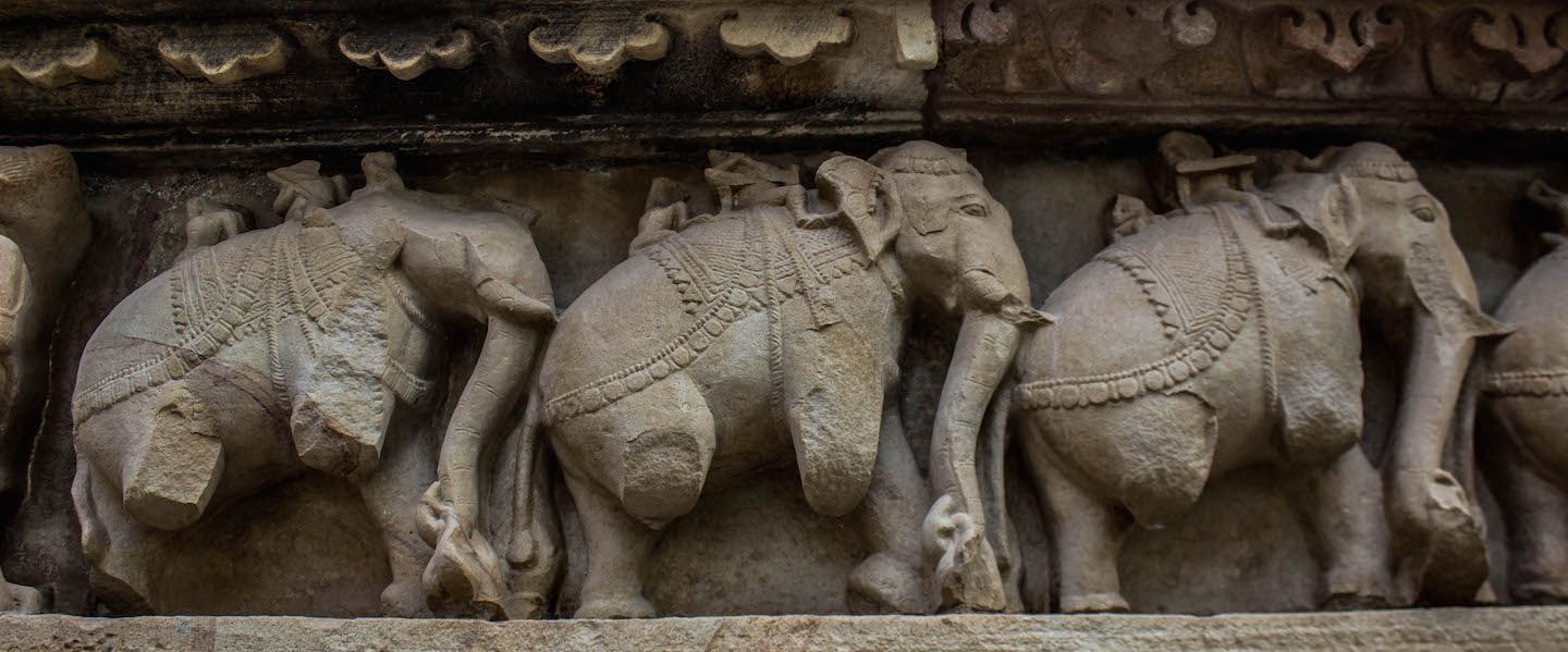 Elephant carvings on the plinth of Lakshmana temple, Khajuraho, India