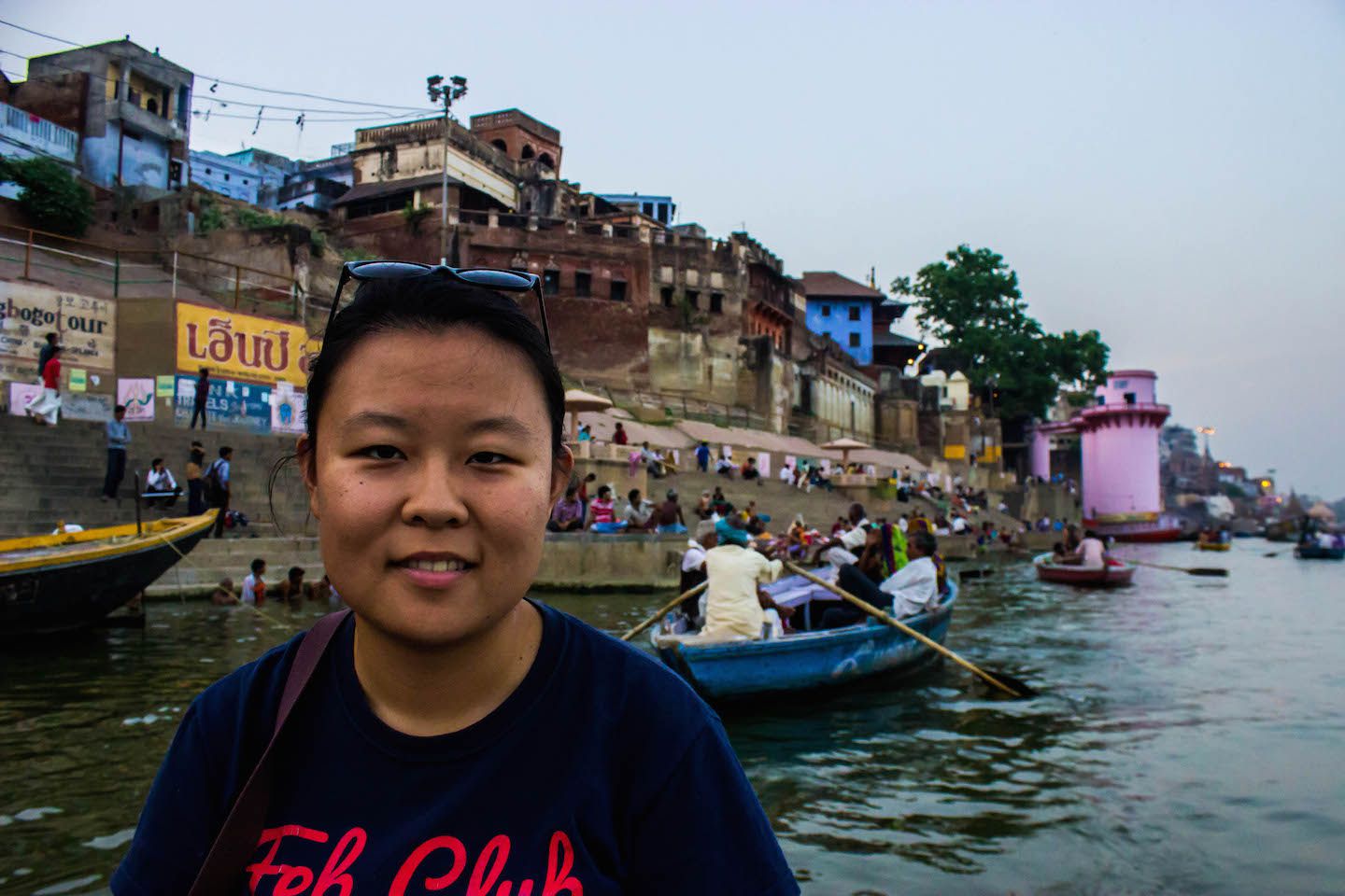 Julie cruising the Ganges, Varanasi, India