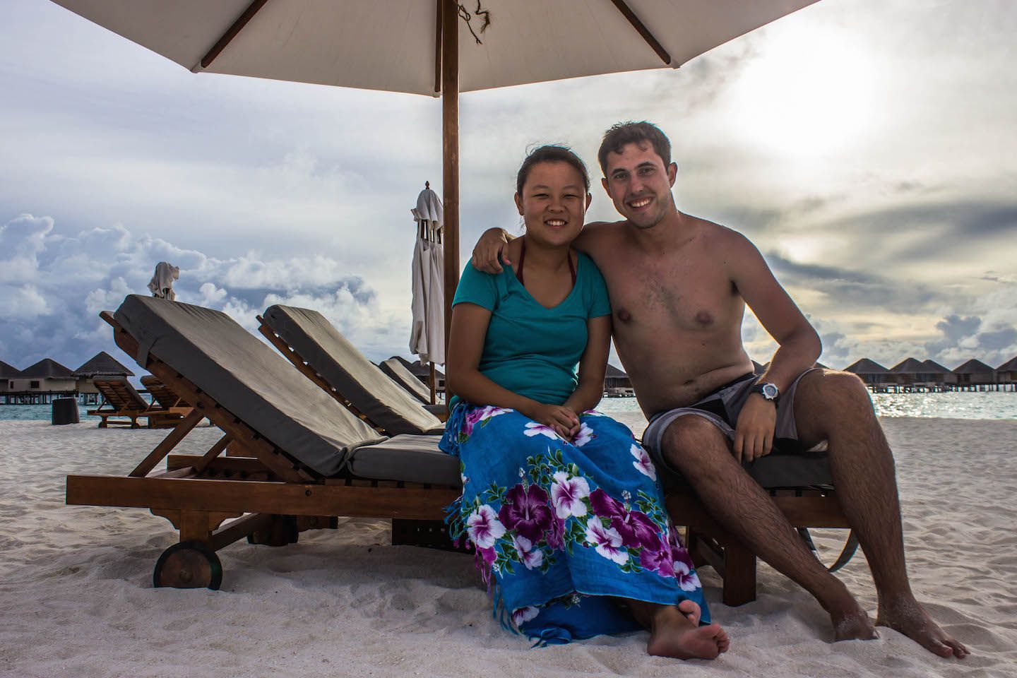 Julie and Carlos on the beach of Vadoo resort, Maldives