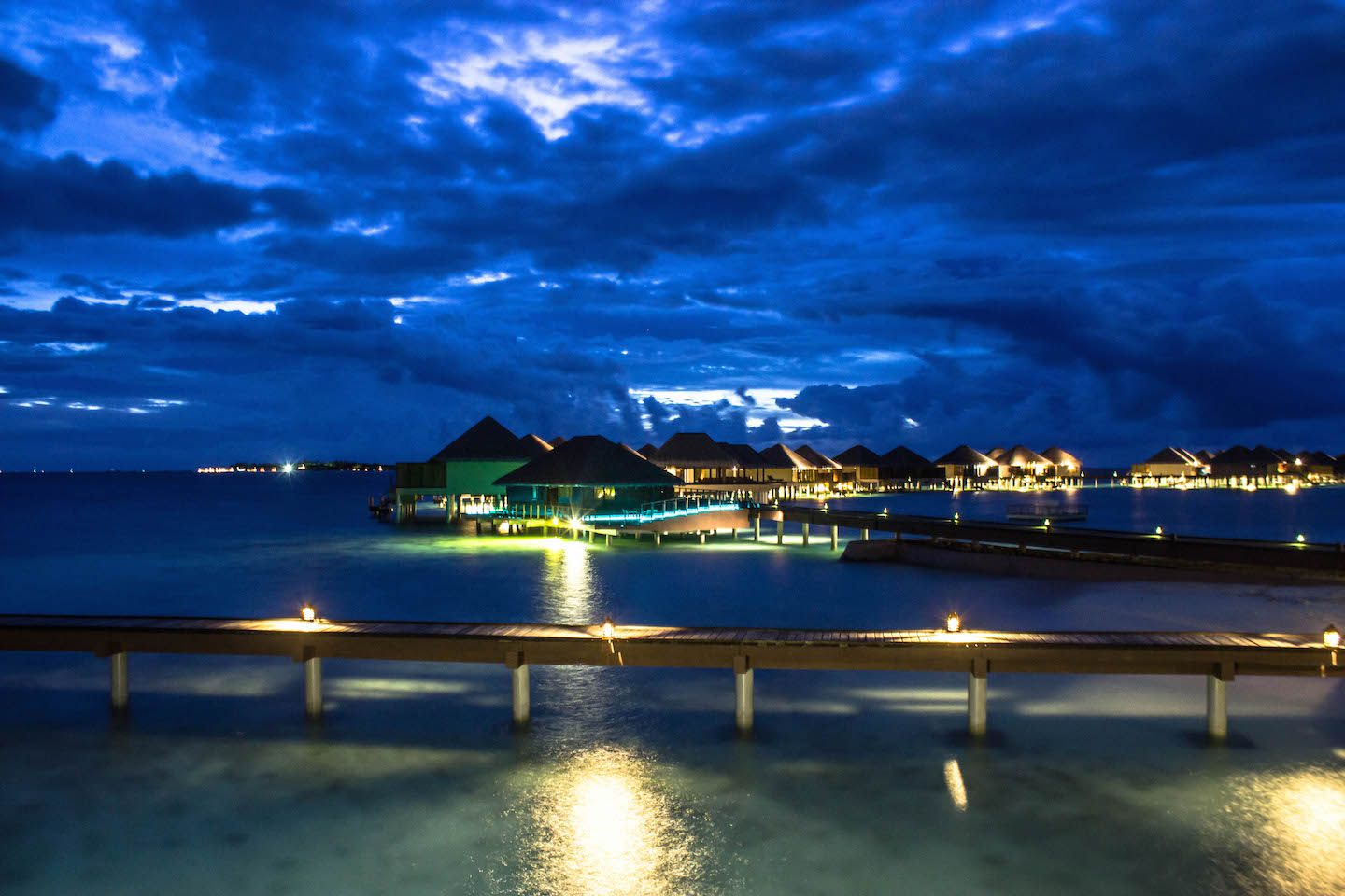 Water bungalows at night, Vadoo Resort, Maldives