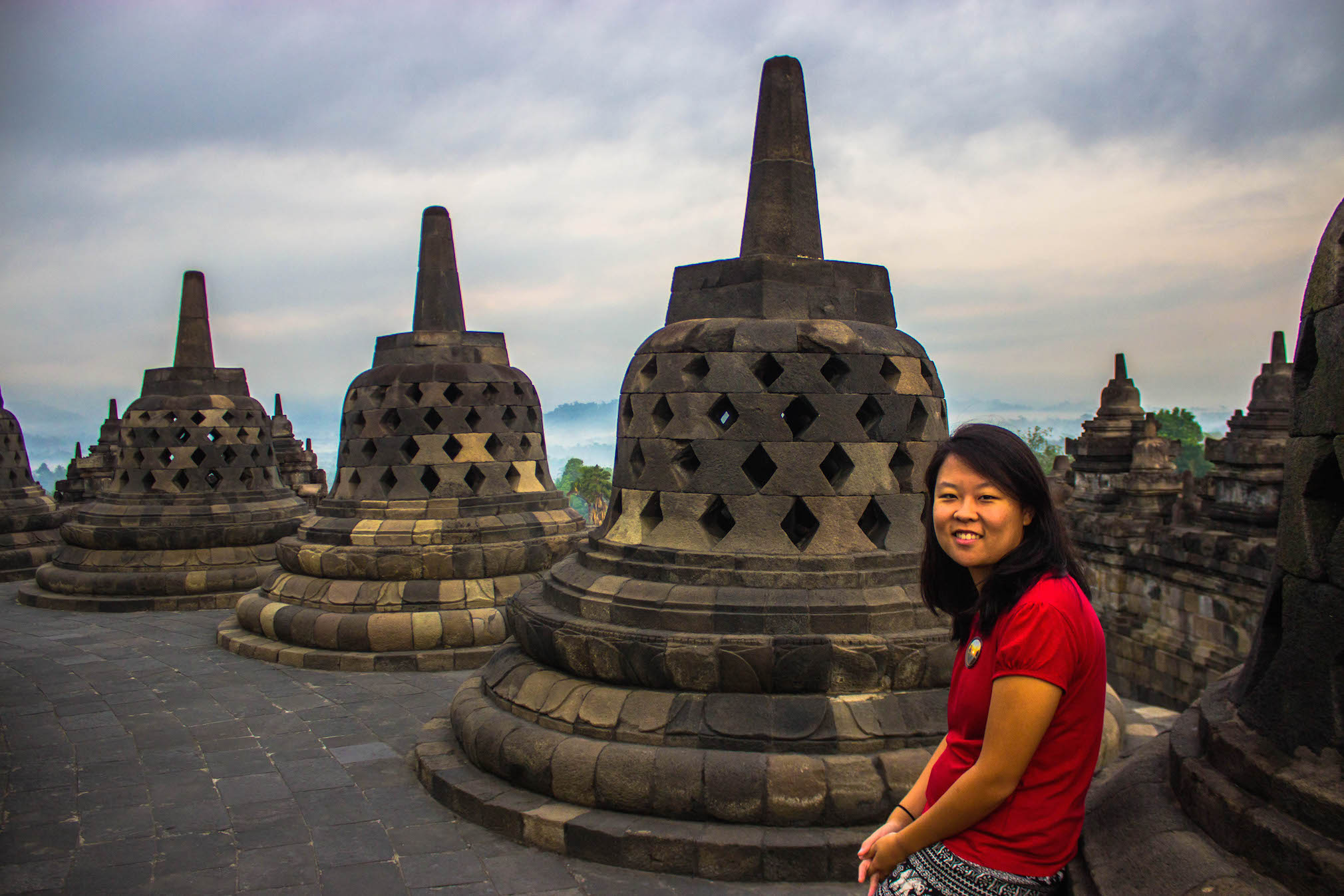 Julie and the stupas of Borobudur, Indonesia