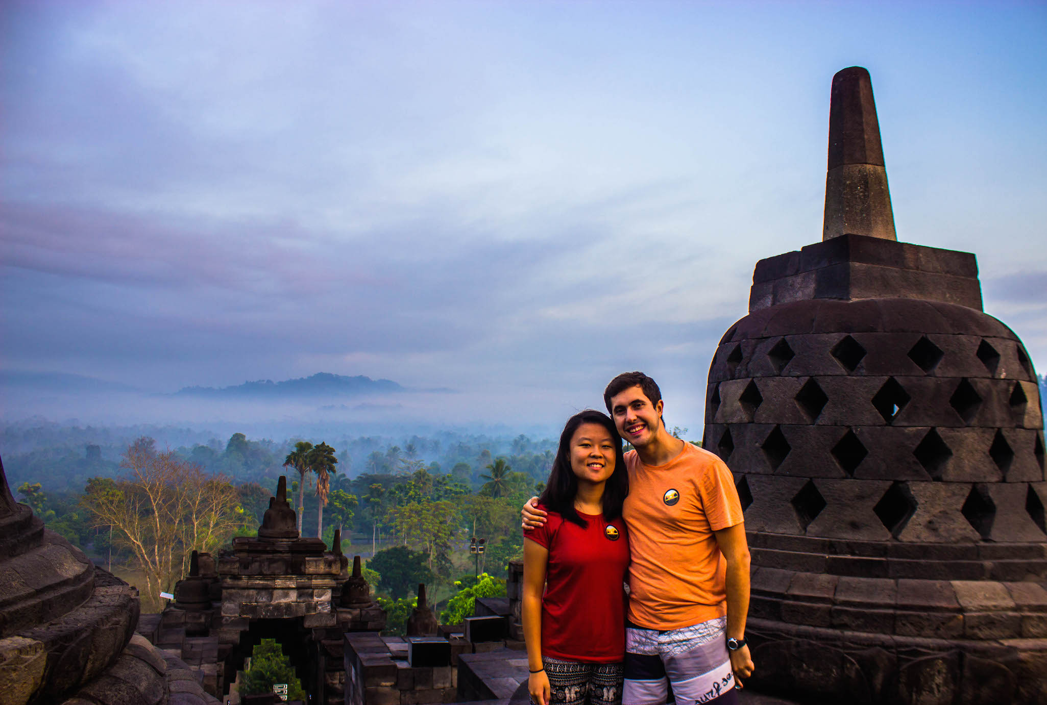 Julie and Carlos overlooking Borobudur, Indonesia