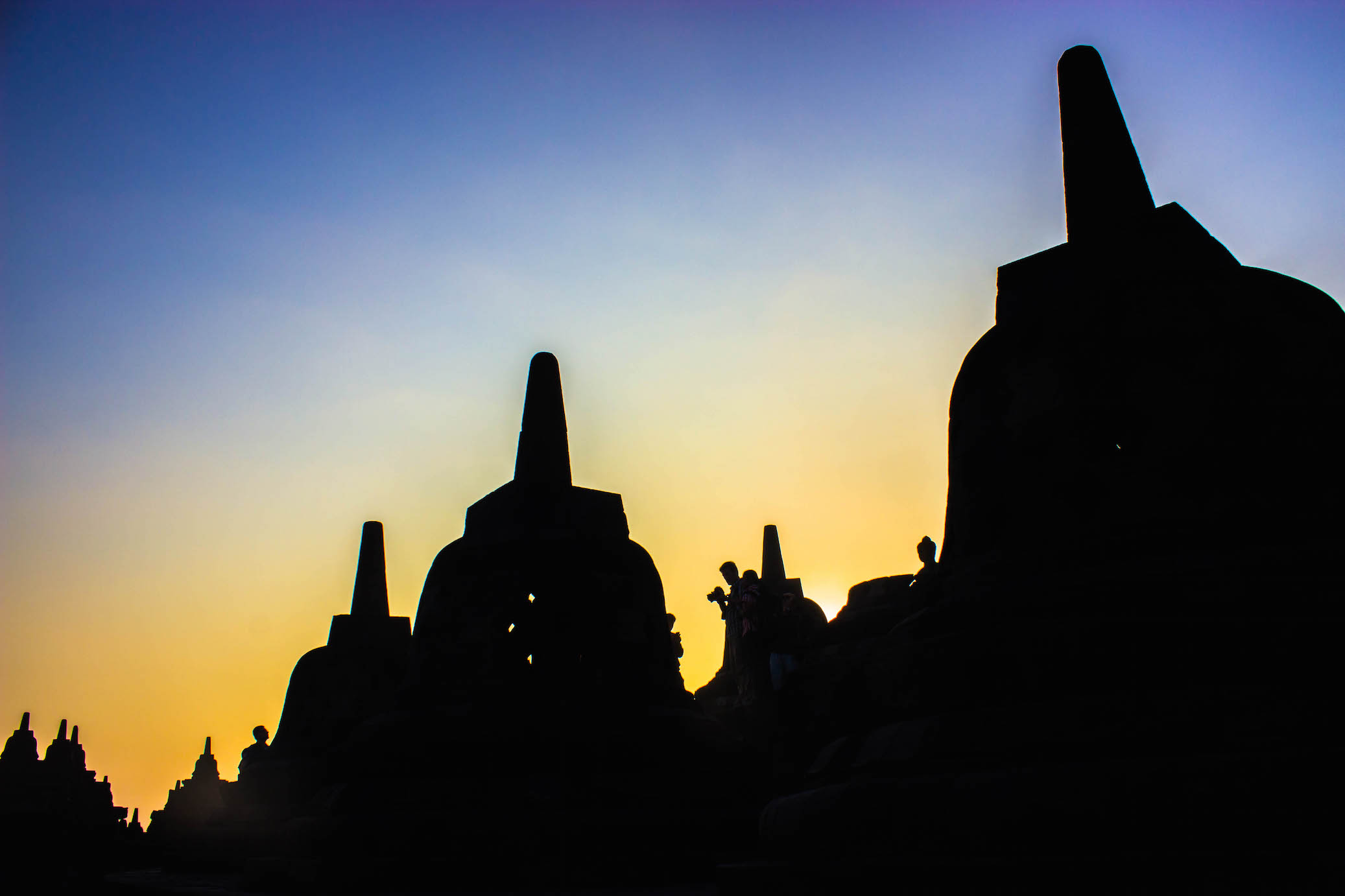 Silhouette of the stupas at Borobudur, Indonesia