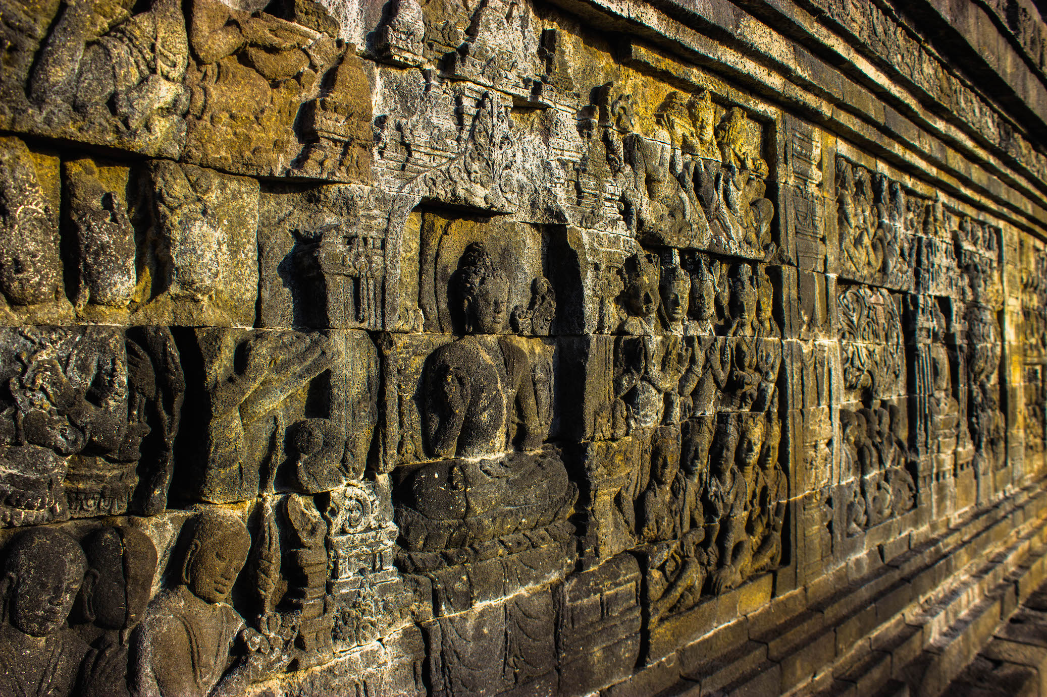 Relief carvings on the galleries of Borobudur, Indonesia