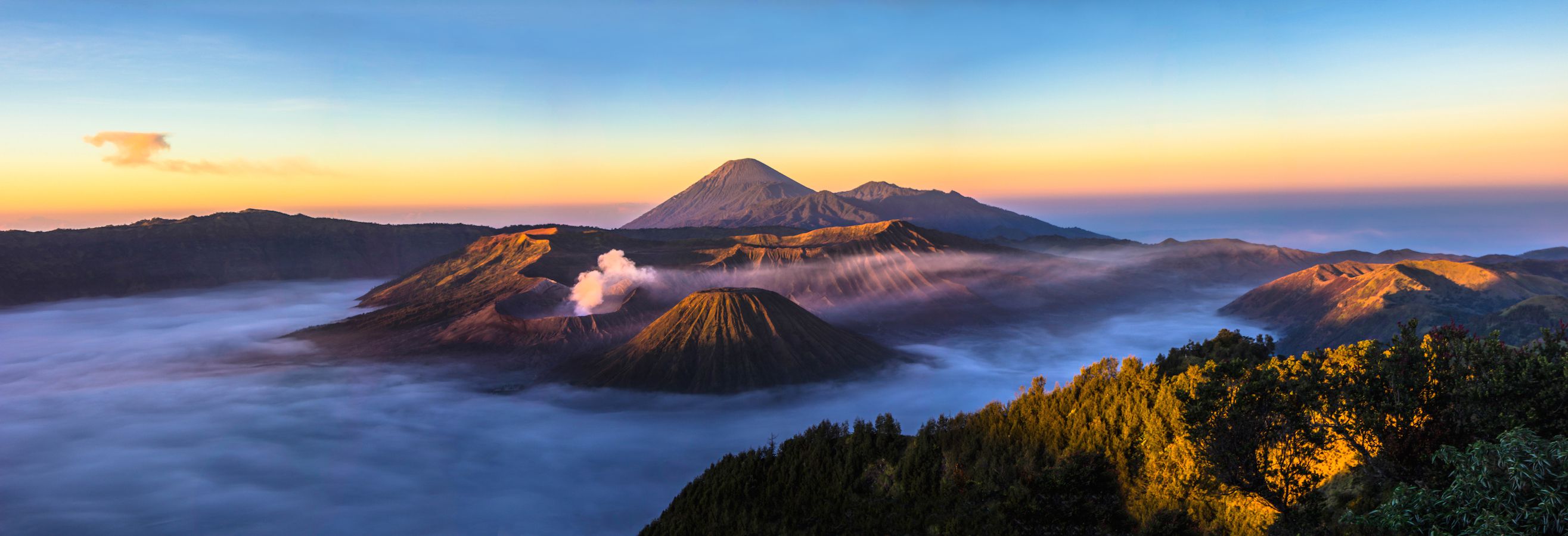 Panoramic view of the sunrise over Mt. Bromo, Indonesia