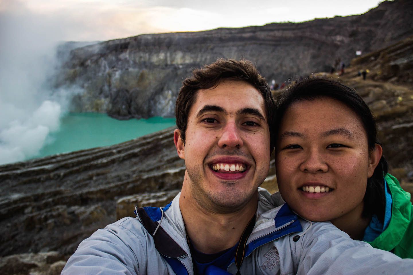 Julie and Carlos at the crater of Mt. Ijen, Indonesia