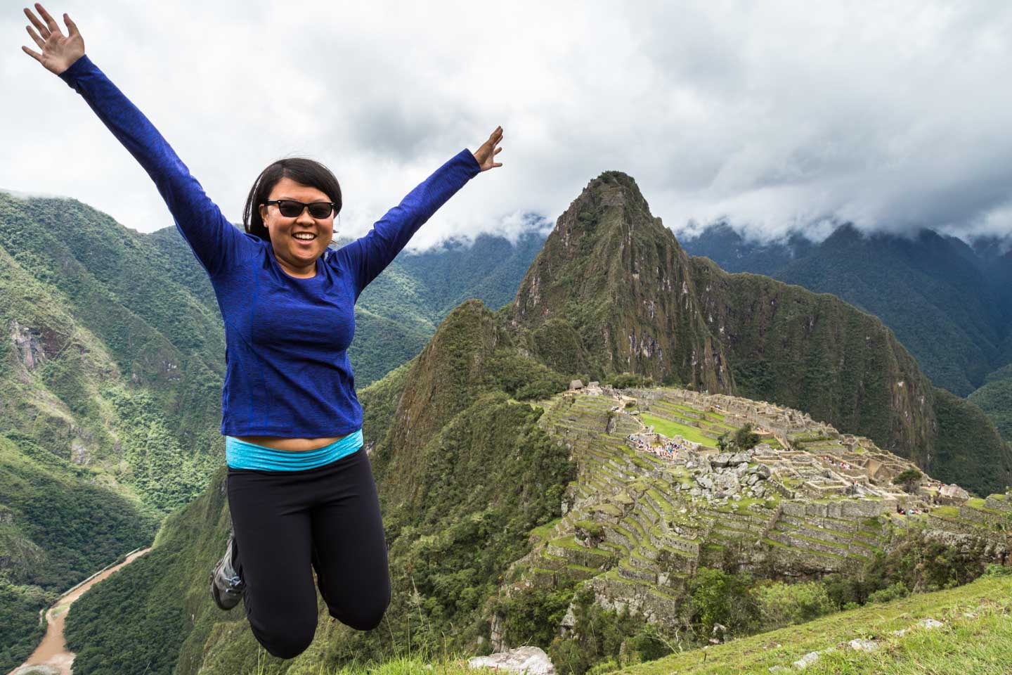 Julie jumping at Machu Picchu, Peru