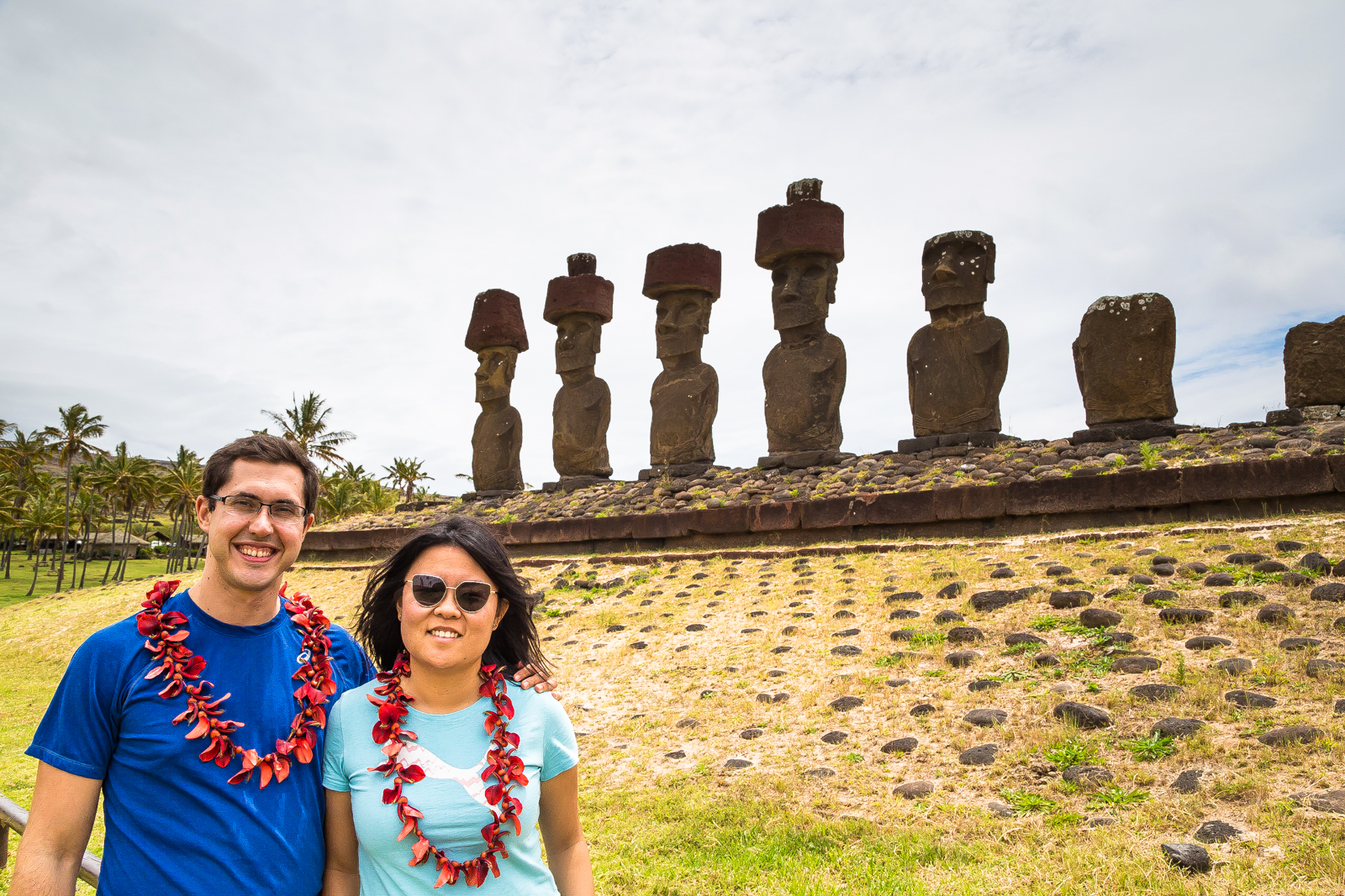 Julie & Carlos at the Ahu on Anakena Beach, Easter Island