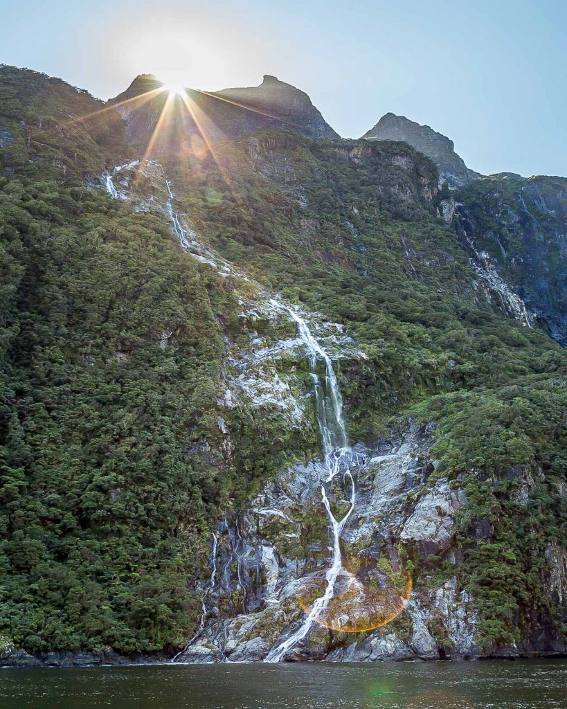 Waterfall in Milford Sound, South Island, New Zealand