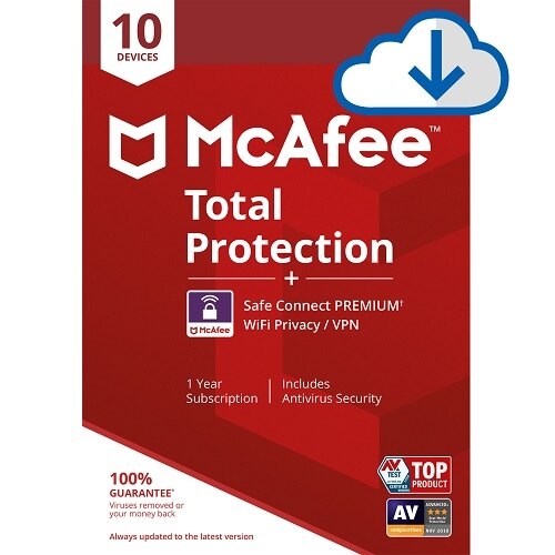 Download McAfee Total Protection 10 Device plus McAfee Safe Connect Premium 05 Device Digital Download