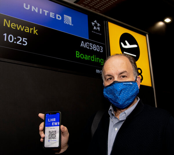 Peter Vlitas, a travel industry executive, used the CommonPass app on a United Airlines flight to Newark from London in October.