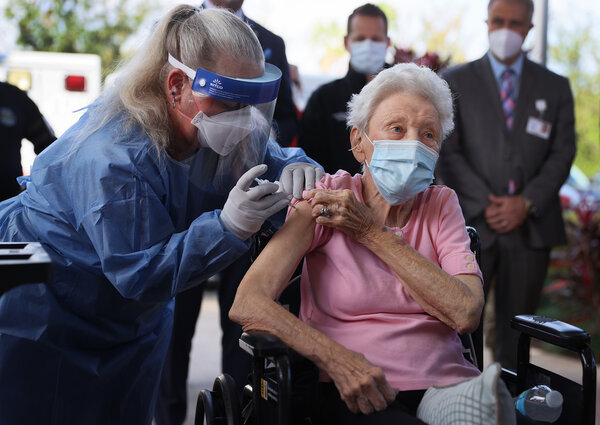 Vera Leip, 88, being vaccinated at a Florida retirement community on Wednesday.