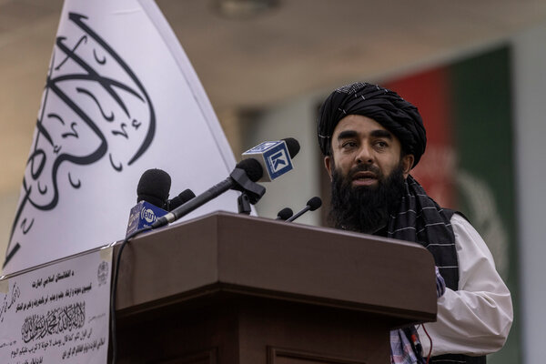 Zabihullah Mujahid, the Taliban’s chief spokesman, spoke at the Loya Jirga Hall on Monday before hundreds of religious leaders.